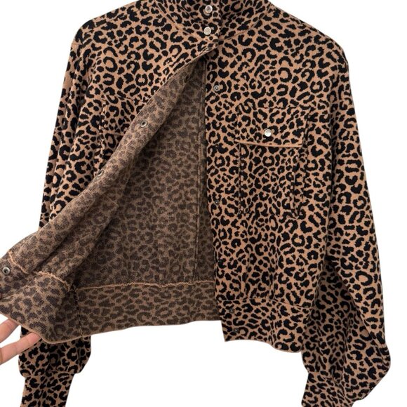 Marled Brown Animal Print Short Snap‎ Button Bomber Jacket Moto Knit - M - NWOT - Picture 3 of 7